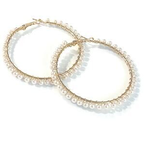 Pearl Gold Hoop Earrings 2 1/2"